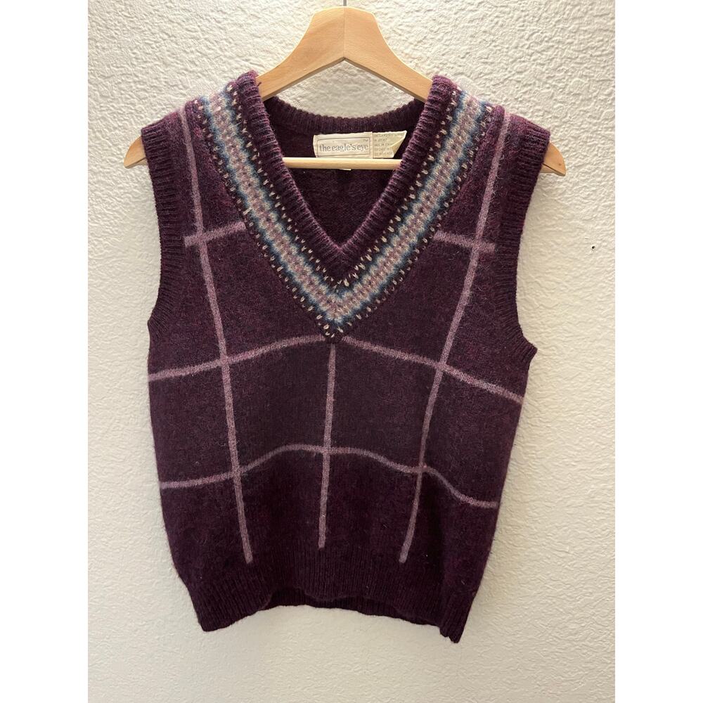 Vtg Eagle’s Eye Shetland Wool Sweater Vest M Purple Plaid Grandpa Grandma Core
